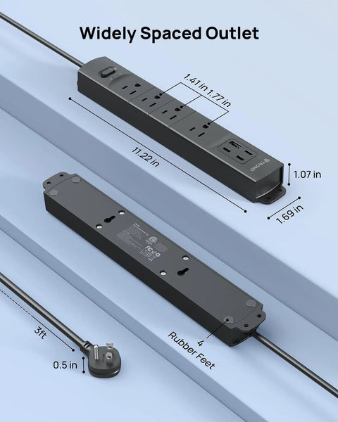 Flat Plug Power Strip With Three USB C Ports And One USB A, 1440 Joules Surge Protector showing dimensions and rubber feet.