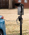 Ride-Ready Outdoor EV Charging Pedestal Housing a Tough Steel Hood Shielding Plug-In connected to a blue car.