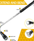 LOCONHA magnetic pickup tool with LED light; 3-bulb LED, telescoping neck, magnetic head, pocket clip, angled view