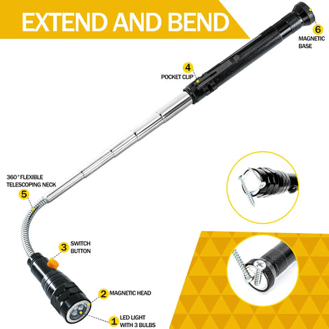 LOCONHA magnetic pickup tool with LED light; 3-bulb LED, telescoping neck, magnetic head, pocket clip, angled view
