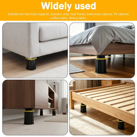 Adjustable Bed Frame Support Legs 4 Pack Straight Up Solid Tool Free Height Range 4.1 To 7.3 Inch used under various furniture.