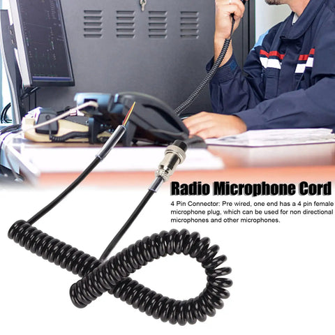 4 Pin Radio Mic Cable Replacement Cord with prewired female plug for CB HAM radios, flexible coiled, desk setup visible