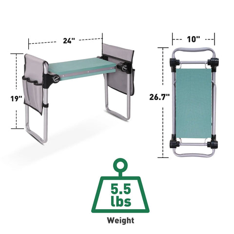 2 In 1 Garden Kneeler And Seat With Wide EVA Foam Kneeling Pad Detachable Tool Pouch shown folded and open dimensions
