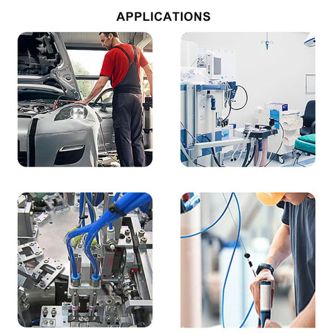 Applications of 60-Piece Push To Connect Pneumatic Fittings And Blank Plugs Set in automotive, medical, industrial, and packaging settings.