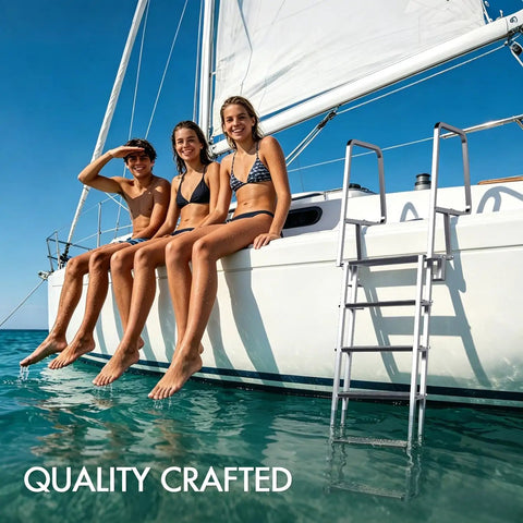 Flip Up Dock Ladder For Boats And Docks, 4 Steps, 350 Lbs Capacity, wide aluminum steps on sailboat side