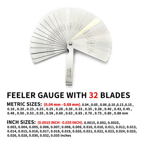 Stainless steel feeler gauge set with 32 blades fanned in a semicircle showing metric and inch sizes