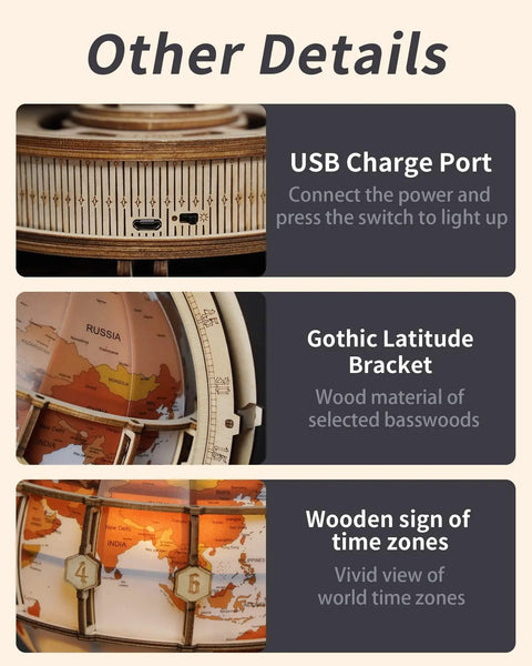 LED Illuminated 3D Wooden Globe Puzzle Kit showing USB port, gothic latitude bracket, and time zones on world globe model for desks.