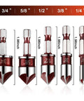 Pylevemv 5-piece countersink drill bit set with hex shanks, front view, 1/4in–3/4in.