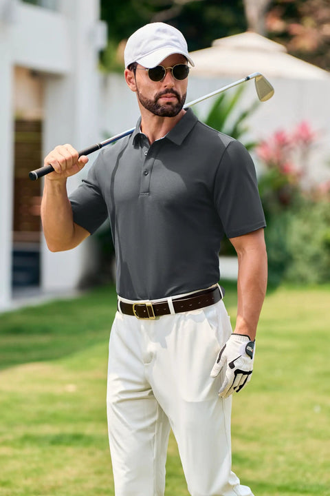 Man wearing Men's Polo Shirt Moisture Wicking Performance Short Sleeve Cotton Pique 3 Button Classic Fit Casual Tee Ideal For Golf And Summer Breathable Durable Dark Gray on golf course