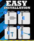 Infographic showing installation steps for Heavy Duty Drywall Anchors Pack Of 4 With Screws And 1 Inch Drill Bit Included.