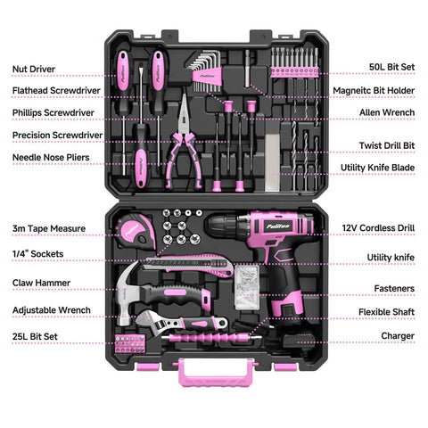 Open 149 Piece Home Tool Set With 12V Pink Cordless Drill LED Light And Tool Box For Women And Men DIY Enthusiasts