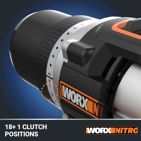 Close-up of Nitro 20V Cordless Drill Driver With Brushless Motor Ultra Compact And Lightweight detailing 18+1 clutch positions