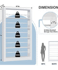Beefy Metal Five Tier Adjustable Book Shelf in white showing dimensions, 68.9 inches high by 36 inches wide, and weight capacity