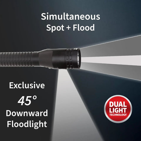 Xtreme Lumens Metal Dual Light LED Flashlight For Duty And Personal Use Rechargeable with simultaneous spot and floodlight.