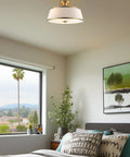 Bedroom with Dope Modern Gold 3 Light Semi Flush Mount Ceiling Light With White Tapered Fabric Shade In Warm Brass Finish Perfect For Kitchen Or Hallway Sleek Contemporary Look Easy Install Premium Frosted Diffuser