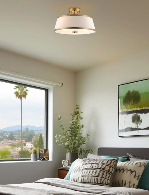 Bedroom with Dope Modern Gold 3 Light Semi Flush Mount Ceiling Light With White Tapered Fabric Shade In Warm Brass Finish Perfect For Kitchen Or Hallway Sleek Contemporary Look Easy Install Premium Frosted Diffuser