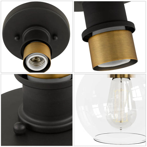 Details of Modern Farmhouse 1 Light Flush Mount Ceiling Light With Clear Glass Globe In Black And Gold Finish showing socket and glass details.