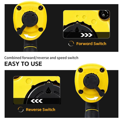 Badass Half Inch Air Impact Wrench Delivers 1750 Ft Lbs Of Serious Torque At 8000 Rpm To Easily Break Loose Jammed Bolts Along With A Full 10 Piece Socket Kit showing the combined forward/reverse switch for easy use.