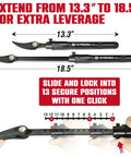 Extendable Telescoping Pry Bar With Adjustable Indexing Positions That Give Straight Up Heavy Duty Leverage To Kick Rusted Bolts Free In Cramped Spots A Badass Shop Tool Every Pro Wants For Zero Sweat Pulling Power On Tough Jobs Daily, showing extension from 13.3 to 18.5 inches with locking positions.