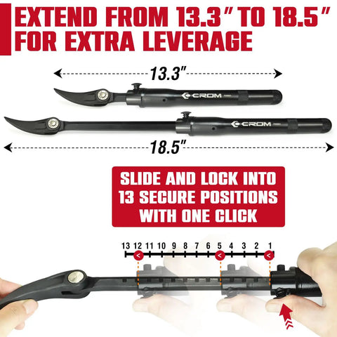 Extendable Telescoping Pry Bar With Adjustable Indexing Positions That Give Straight Up Heavy Duty Leverage To Kick Rusted Bolts Free In Cramped Spots A Badass Shop Tool Every Pro Wants For Zero Sweat Pulling Power On Tough Jobs Daily, showing extension from 13.3 to 18.5 inches with locking positions.