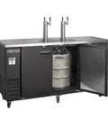 Black Exterior Dual Tower Beer Dispenser Featuring Twin Insulated Stainless Steel Tap Towers Designed To Keep Three Full Size Kegs Ice Cold For Weekend Kickbacks And Backyard Hangouts with open door showing kegs.