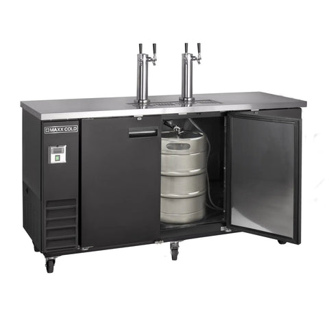 Black Exterior Dual Tower Beer Dispenser Featuring Twin Insulated Stainless Steel Tap Towers Designed To Keep Three Full Size Kegs Ice Cold For Weekend Kickbacks And Backyard Hangouts with open door showing kegs.
