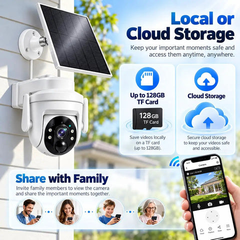 Slick Solar Powered Outdoor Wireless Security Camera Capturing Crisp 3MP HD Video with solar panel for storage options.