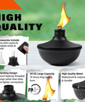 Six Pack Upgraded Tabletop Citronella Torches With 24 Oz Fuel Capacity Refillable Outdoor Torch Lights Includes Wicks Covers And Funnel Party Ready For Garden Patio Deck Yard And Landscape, showing a single black metal torch with flame and accessories.