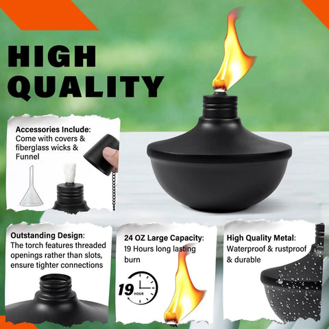 Six Pack Upgraded Tabletop Citronella Torches With 24 Oz Fuel Capacity Refillable Outdoor Torch Lights Includes Wicks Covers And Funnel Party Ready For Garden Patio Deck Yard And Landscape, showing a single black metal torch with flame and accessories.