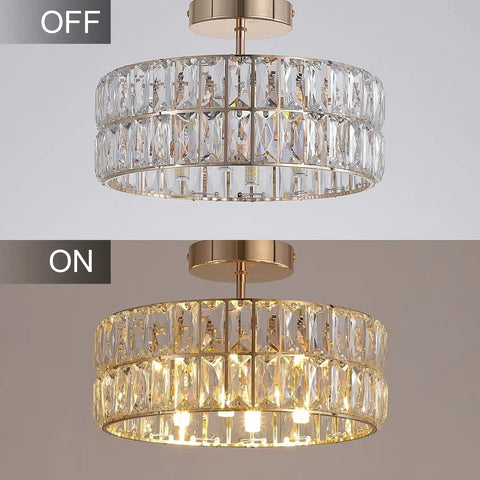 Lit Rose Gold Semi Flush Mount Crystal Ceiling Light With 68 K5 Crystals, off and on view, modern chandelier fixture