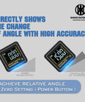 Mini Digital Angle Finder With Beefed Up Four Side Magnets For Table Saw Miter Protractor And Woodworking Measurements Plus Built In Level Box showing angle change display.