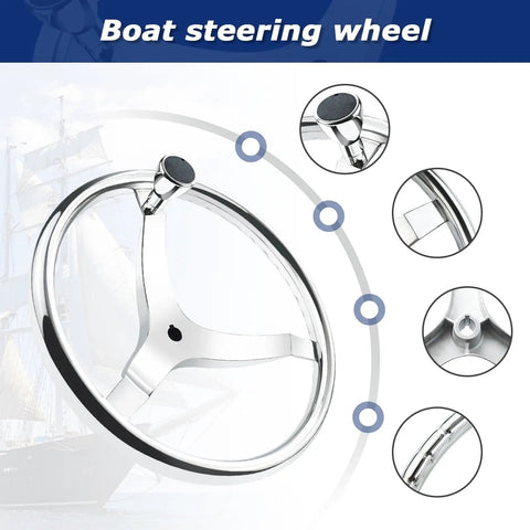 3 Spoke Stainless Steel Boat Steering Wheel with Turning Knob 13.5 Inch Diameter showing detailed design features