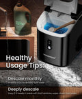 Black Nugget Ice Maker Countertop Portable Sonic Pebble Ice Maker with descaler bottle on kitchen countertop