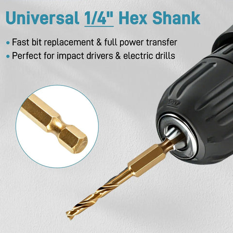 Universal 1/4 inch hex shank for Real Deal M35 Cobalt Stubby Drill Bit Set, ideal for impact drivers and electric drills.