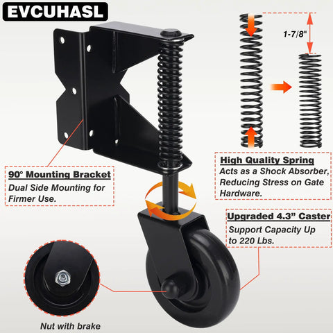 Rugged Spring Loaded Gate Caster Wheel Built Like A Tank Wood Fence Roller With 360 Swivel 4.5 Inch showing dual side 90° mount bracket and 4.3 inch caster.