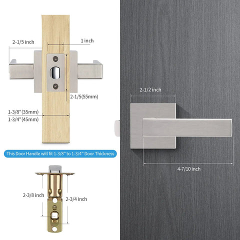 Dimensions and installation details of Six Pack Keyless Passage Lever Door Handle Set For Hallways And Closets Heavy Duty Reversible