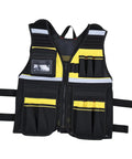 Built Tough Contractor Vest With Roomy Multi Pocket Layout And Easy Waist Adjustments Crafted From Heavy Duty Waterproof Oxford Cloth, black and yellow, multi-pocket design.