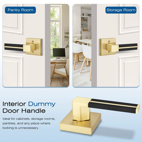 Gold Dummy Door Handles With Black Leather 2 Pack For Pantry And French Doors No Lock Function No Latch Or Key Pull Or Push Style One Sided Surface Mount Hardware No Fuss. Gold dummy door handle on white panel, surface-mount view for pantry or storage door.