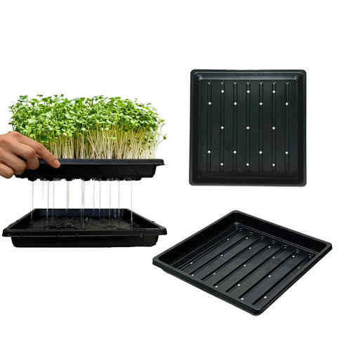 Seedling Starter Trays 5 Pack For Microgreens And Veggies Shallow 1010 Nursery Trays With Drain Holes 10.7 Inch Square Black
