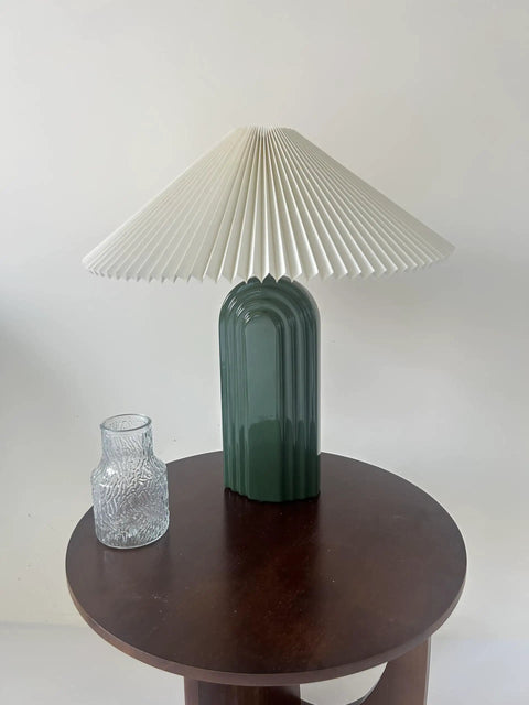 Retro style table with cream ceramic table lamp with fabric lampshade, modern vibe for living room, bedside, study, 19 inch tall.