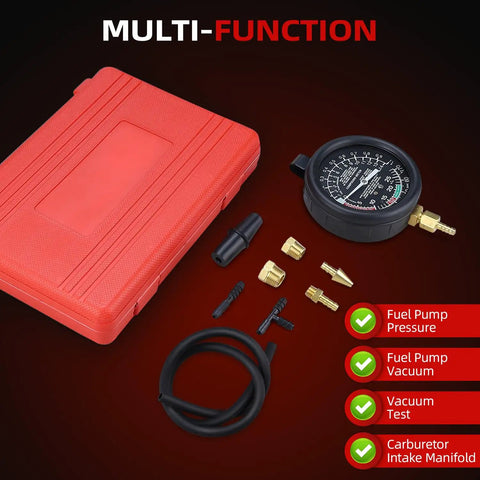 Fuel Pump And Vacuum Tester Gauge For Car Carburetor Diagnostics With Leak Testing Lets You Nail Fuel Pump Pressure To 10 PSI And Read Engine Vacuum To 28 InHg Includes Large Three And A Half Inch Adapters And Red Blow Mold Case, red case and gauge