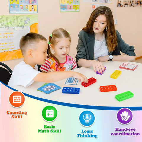 Children using Ten Frame Math Manipulative Set For Elementary Kids with colorful boards and task cards in classroom setting.