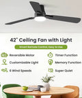 42 Inch Modern Ceiling Fan With Lights And Remote, Low Profile Flush Mount, Quiet Reversible DC Motor, dining room view