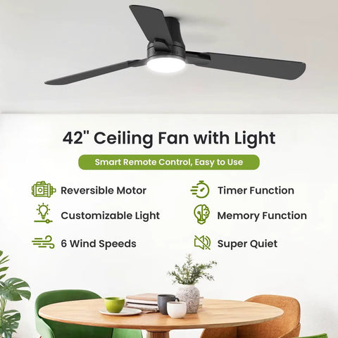 42 Inch Modern Ceiling Fan With Lights And Remote, Low Profile Flush Mount, Quiet Reversible DC Motor, dining room view