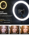 18 Inch Ultra Thin Ring Light With Tripod Stand And Phone Holder For iPhone showing stepless brightness and color adjustments