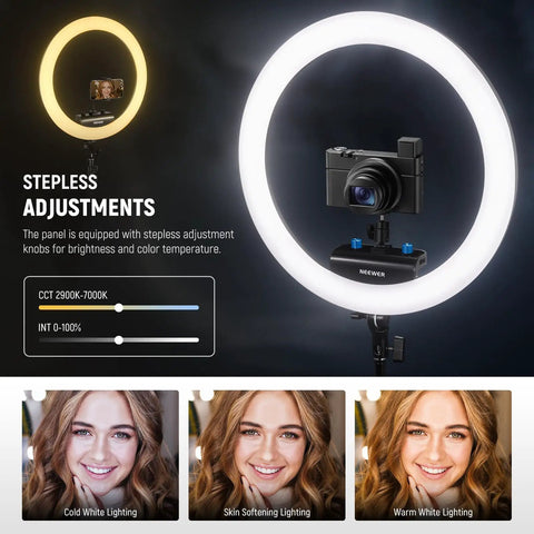18 Inch Ultra Thin Ring Light With Tripod Stand And Phone Holder For iPhone showing stepless brightness and color adjustments