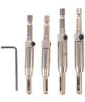 Self Centering Door Hinge Drill Bits Set For Perfect Cabinet And Furniture Installations With Precision Puncher Attachment For Power Tools, silver steel drill bits with hex shank.