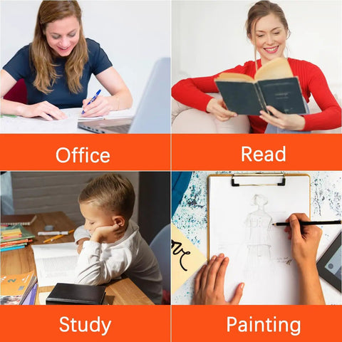 Collage showing people focusing on office work, reading, studying, and painting.