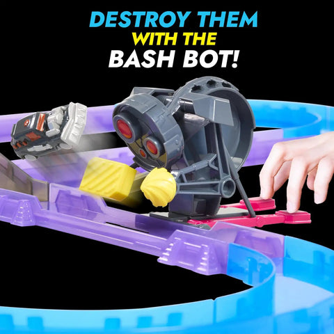 Shockout Circuit Playset Race And Battle On A Customizable Track With Micro Scale Cars and Bash Bot feature in action