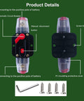 50 Amp Manual Reset Waterproof Inline Circuit Breaker for 12-48V DC systems, with hex tool and screws, front and back view